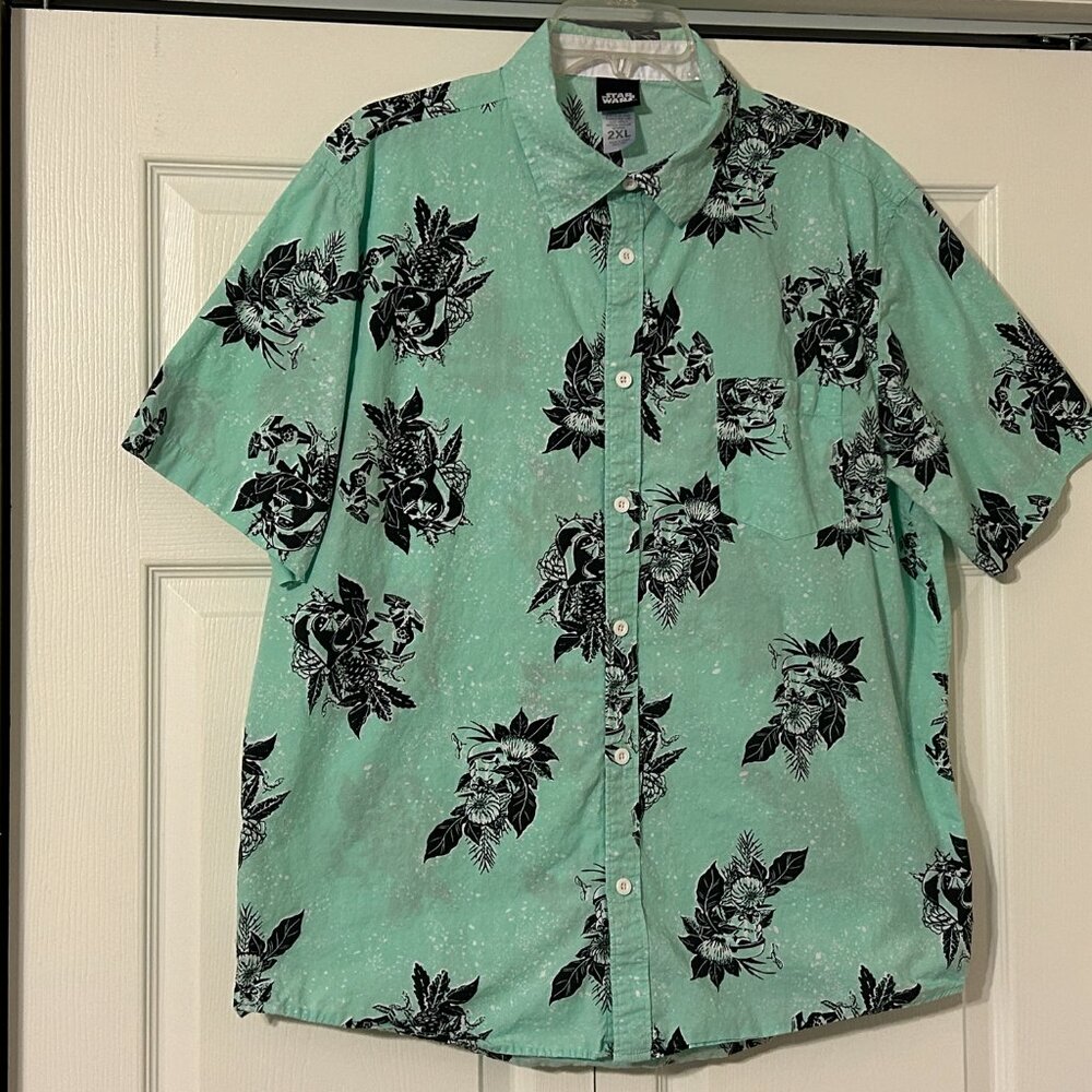 STAR WARS Sz 2XL Mint Green & Black Darth Vadar Storm Trooper Hawaiian Shirt